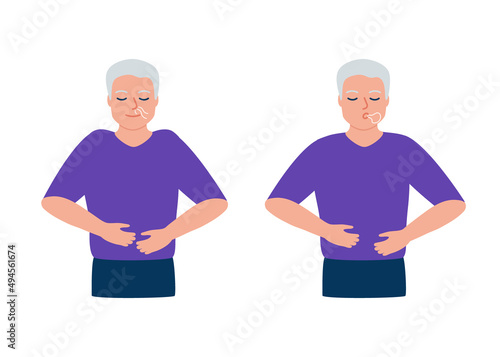 Senior man is doing breathing exercise, respiratory deep breath, exhale and inhale. Healthy yoga and relaxation for erderly. Vector illustration