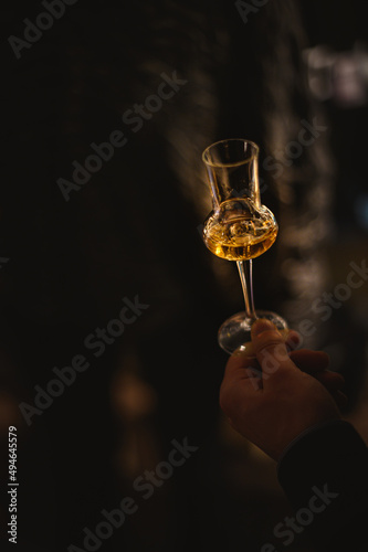 hand with a glass of grappa wine at a tasting