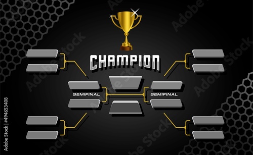 black and gold elegant sport game tournament championship contest stage layout, double elimination bracket board chart vector with champion trophy prize icon illustration background 