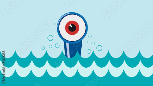 Emergence of a submarine, periscope in the shape of an eye. Discovering new opportunities. Vector illustration.