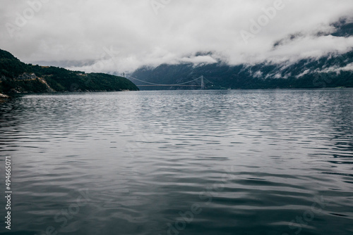 panorama of the fjord in norway on a rainy summer day