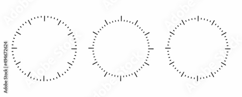 Vector illustration round meter scale isolated on white background. Measuring circle scale in flat style. Clock face template. Blank vintage watch round dial.