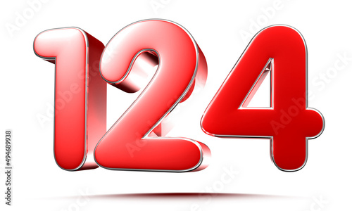 Rounded red number 124 on white background 3D illustration with clipping path