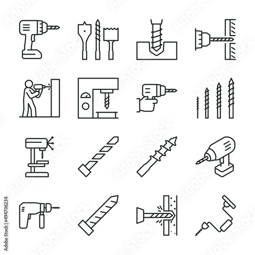 Drill icons set. Drills and drill bits, perforator, icon collection. Application of the tool. Drilling walls and objects. Line with editable stroke