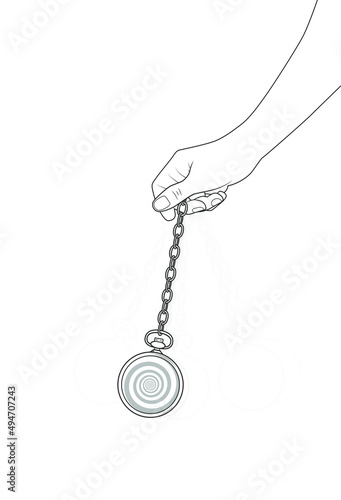 Hypnotic pocket watch. Stopwatch for hypnosis. Hanging pocketwatch with chain. Line graphic vector simple illustration hipnotize session watch stock image