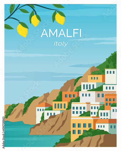 Amalfi. Seaside town in Italy. travel to amalfi. landscape background Vector illustration suitable for travel poster, postcard, banner. 
