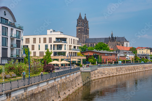View over new modern houses at historical downtown in Magdeburg at Elbe river bank, Germany, at blue sky and sunny Spring day.