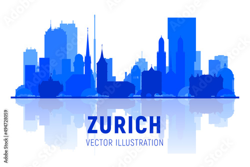 Zurich Switzerland skyline city silhoutte at white background. Vector Illustration. Business travel and tourism concept with modern and old buildings. Vector for presentation, banner, web site.