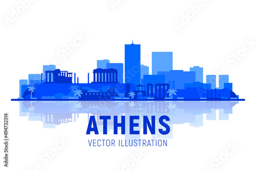 Athens( Greece ) city skyline silhouette with panorama on white background. Vector Illustration. Business travel and tourism concept with old buildings. Image for presentation, banner, web site.