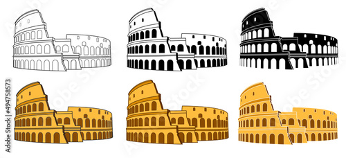Set of Colosseum in Rome, Italy vector. Colosseum hand drawn illustration. Symbol of Ancient Rome, gladiator fights. Vector illustration.