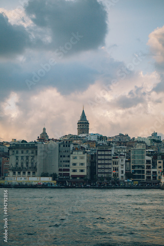 Panoramic photo of Galata Tower at sunset in Istanbul Turkey