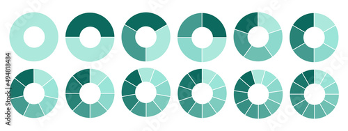 Set of segmented circles isolated on white background. A different number of sectors divides the circle into equal parts.