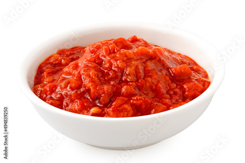 Ajvar in a white ceramic bowl.