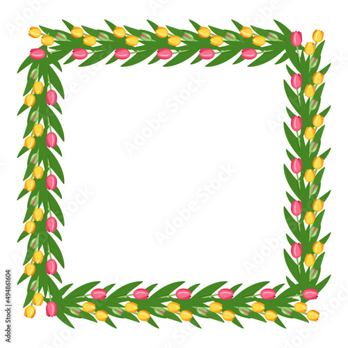 Square wreath of tulip flowers. Frame with spring blooming composition with plants and leaves. Festive decoration for wedding, holiday, postcard and design. Vector flat illustration