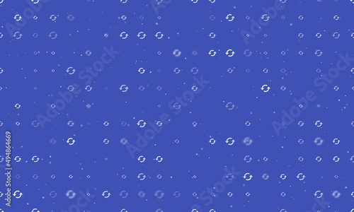 Seamless background pattern of evenly spaced white refresh symbols of different sizes and opacity. Vector illustration on indigo background with stars