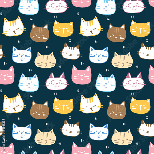 Seamless Pattern with Cartoon Cat Face Design on Dark Blue Background