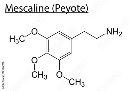 Chemical structure of Mescaline (Peyote) on a white background.