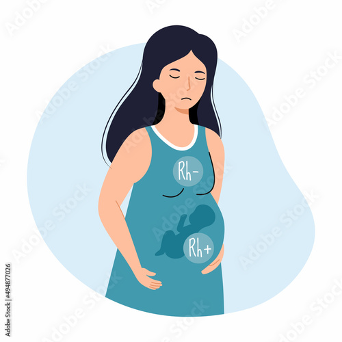 Sad pregnant woman. Rh factor and Rh conflict. Pregnancy problems. Vector character in flat style.