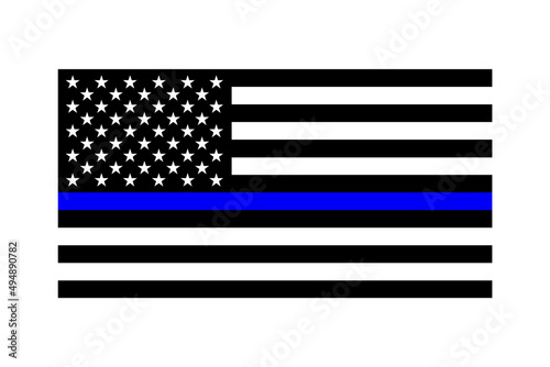 Vector isolated flat illustration. USA flag with Stars and Stripes. National American Flag in black and white colors and thin blue line. Police Support Symbol