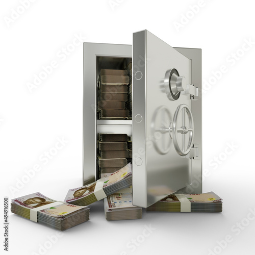 Bundles of Nigerian naira in Steel safe box. 3D rendering of stacks of money inside metallic vault isolated on white background, Financial protection concept, financial safety.