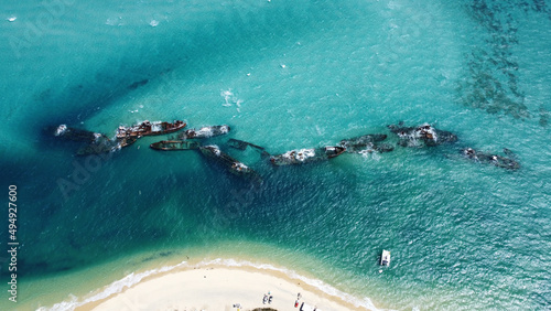 Aerial view of crashed boats in the sea, Moreton Island, Queensland, Gold Coast, Australia