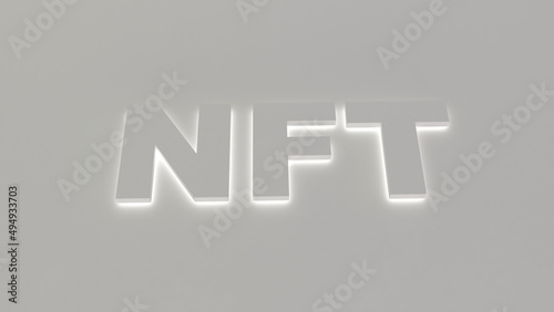 3D Rendering of NFT neon glow text background. Concept of NFT becomes more popular and well known. Product from crypto currency technology.