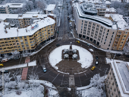 Aerial view of the beautiful city all covered with snow in the cold winter in Sofia, Bulgaria