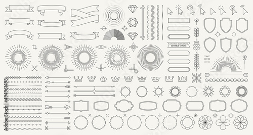 Set of 140 Vintage line elements. Retro design elements. Ornaments and Frames. Drawing geometrics line. Decoration, banners, posters, emblems, labels. Vector illustration