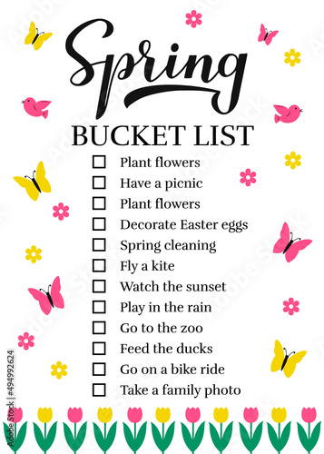 Spring bucket list. Funny things to do checklist. Seasonal activity planner page. wish list. Easy to edit vector template