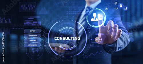 Consulting service business concept. Businessman pressing button on screen.