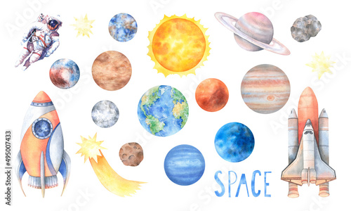 Big set of elements on the space theme. Planets, astronaut, rocket, stars, meteorites, moon. Solar system objects. Hand drawn watercolor illustration on white background. Image for children's decor.