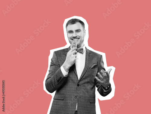 Portrait of an emotionally smiling successful presenter with a microphone. Contemporary art collage. Inspiration, ideas, magazine style. Business and creativity concept. Copyspace for ad. Modern desig