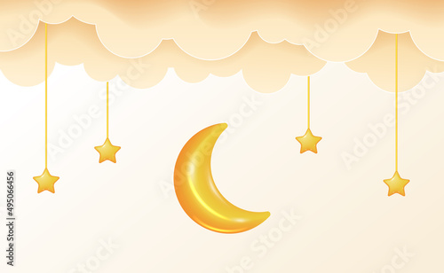 Sweet dream lullaby 3d yellow moon and star with cloud. good night baby shower illustration concept.