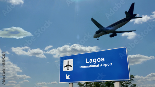 Plane landing in Lagos Nigeria airport with signboard