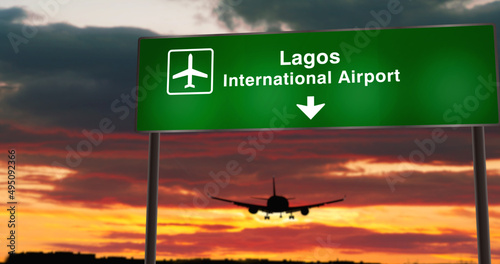 Plane landing in Lagos Nigeria airport with signboard