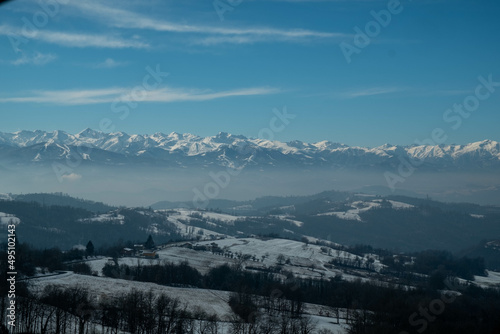 the snow-covered monviso mountain range in the Piedmontese Langhe near Alba, in January 2022