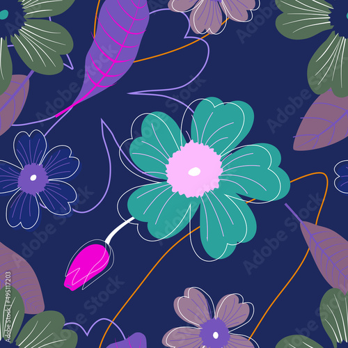 Seamless pattern of primrose flowers and leaves on dark blue background