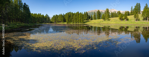 Lac de Roue lake in Summer in Queyras Regional Nature Park (panoramic). Arvieux in the Hautes-Alpes (French Alps). France