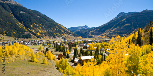 Panorama from above Silverton in autumn with golden aspen leaves