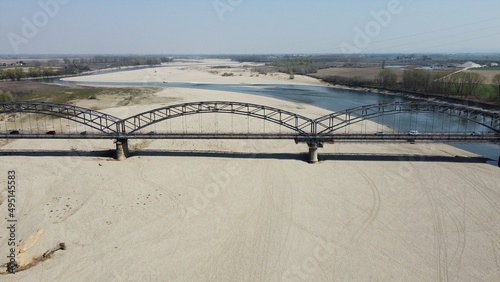problems of drought and aridity in the almost waterless Po river with large expanses of sand and no water - climate change and global warming, Drone view in Ponte Della Gerola, Mezzana Bigli, Pavia 