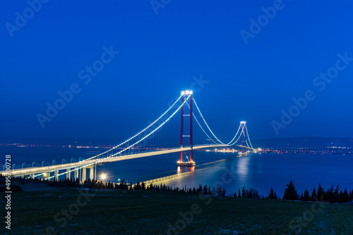 1915 Canakkale Bridge in Canakkale, Turkey. World's longest suspension bridge opened in Turkey. Turkish: 1915 Canakkale Koprusu. Bridge connect the Lapseki to the Gelibolu.