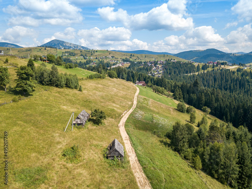 Ukrainian Carpathians mountains on a summer morning. Aerial drone view.