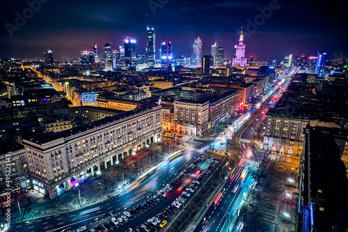 Constitution Square (PL: Plac Konstytucji) - a view of the center of night Warsaw with skyscrapers in the background - the lights of the big city by night, Poland, EU