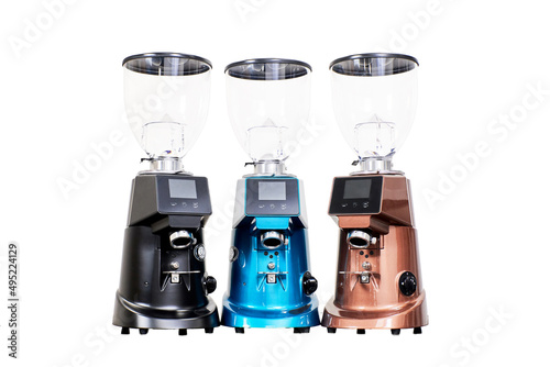 new clean shiny coffee grinders with display. series 3 pieces: black, blue and brown stand next to each other on a pure white background