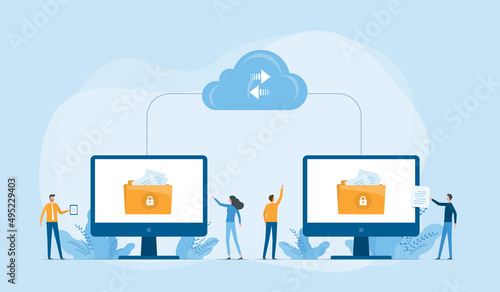 Business technology cloud computing service and technology file upload backup on cloud server storage concept with team administrator and developer working on computer monitor