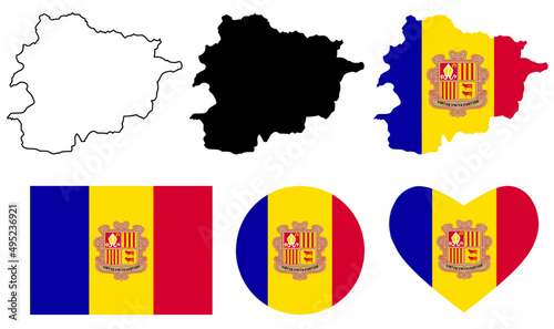 Principality of Andorra map flag icon set isolated on white background