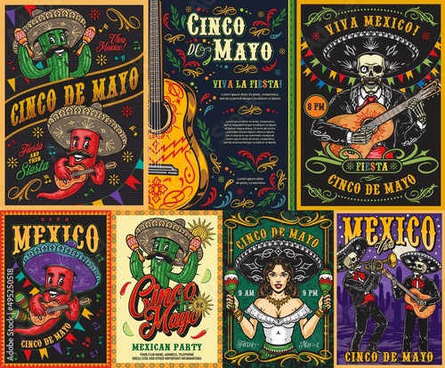 Mexican party colorful vintage posters set