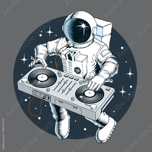 Astronaut dj with turntable in the space. Disco music party comic book style vector illustration.