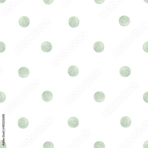 Watercolor seamless pattern green polka dots. Isolated on white background. Hand drawn clipart. Perfect for card, postcard, tags, invitation, printing, wrapping.