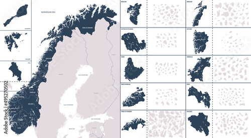 Vector color detailed map of Norway with the administrative divisions of the country, each Counties and Dependent territory is presented separately and divided into municipalities
